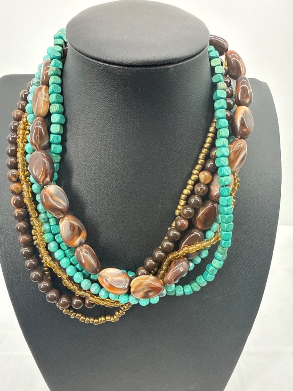 Boho Turquoise Brown Beaded Multi Strand Layered Statement Necklace Bib Chic